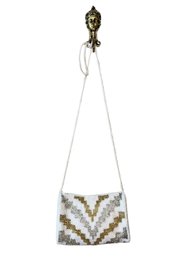 Vintage Beaded White & Gold Purse - 5in X 7in W/ Total Length 23in