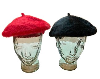 Black & Red Fuzzy Berets - One Size Fits All- HATS ONLY