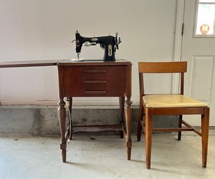 White Sewing Machine & Table With Chair