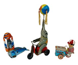 Wind Up Toys - Tin Elephant On Bike, Ice Cream Vendor, Seal With Spinning Ball (Vintage)