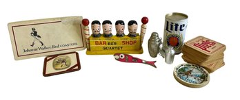 Vintage Assortment Of Drink Related Items - Coasters, Barber Quartet With Corkscrew Corks  & Bottle Opener