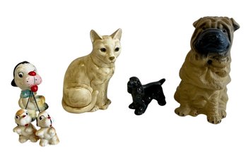 Ceramic Cat, Sharpei Puppy Dog, Vintage Black Spaniel, Ceramic Dogs On Chains