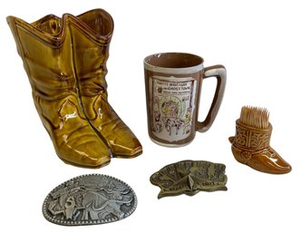 Cowboy Memorabilia - Ceramic Cowboy Boots, Lone Star Texas Belt Buckle, Knotts Berry Farm Mug