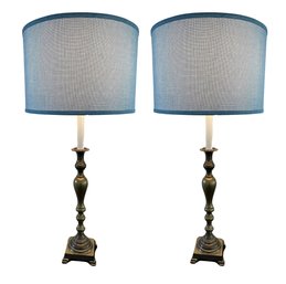 Pair Of Brass Table Lamps With Barrel Shades In A Pale Blue & Crystal Finials 33.5' H