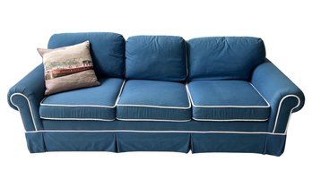 Sleep Sofa With Slip Cover Blue Upholstery & White Trim S/h 18' With Tug Boat Pillow