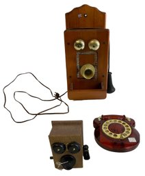 Vintage Wooden Wall Phone &  Plastic Rotary Phone