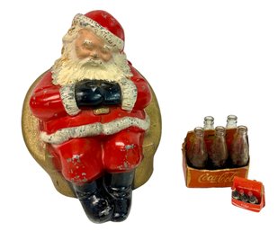 Sleeping Santa Savings Bank & Two Miniature Vintage Coca Cola Pack