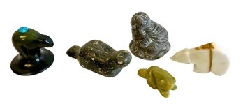 Vintage Carved Figurines - Jade Frog, Soapstone Seal, Alabaster Bear, Eskimo Walrus