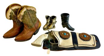 Vintage Toy Gun With Jewel Adorned Holster, Cowboy Boots, Brass Cowboy Boots, Boot Figurine