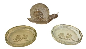 2 Clear Glass Coasters With Engravings & Vintage Clear Glass Snail