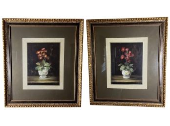 Pair Of Gold Framed Matted Florals Under Glass