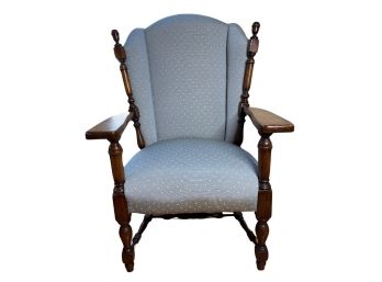 Blue Upholstered Very Vintage Wing Chair W/ Arms & Mahogany Trim 25.5 X 27 X 44, S/h 18.5