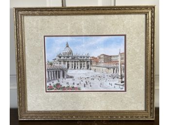 Framed Watercolor Art Of St. Peters Cathedral 14.5 X 12.5