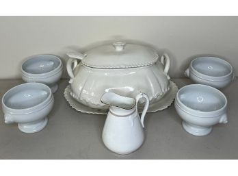 Soup Tureen & Four Soup Bowls With Lion Heads & Small Pitcher
