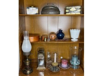 Two Shelves Of Vintage Pottery, Candles, Lantern & Decor