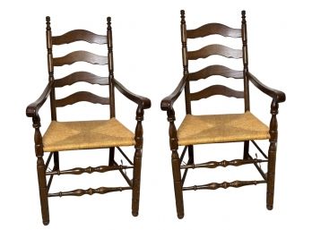 Two Ladder Back Wooden Arm Chairs With Rush Seats 22 X 21 X 25