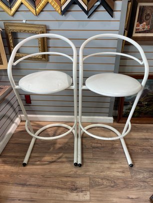 Set Of Two White High Stool Chairs With Backrest