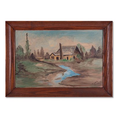 Antique Traditional Oil Painting 'River In Front Of The House'