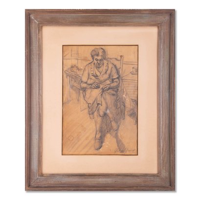 Early 20th Century Original Pencil On Paper 'Grandma Sewing'