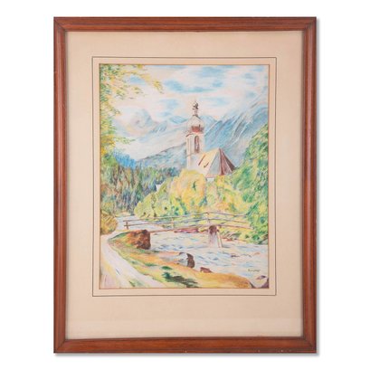 Vintage Impressionist Colored Pencil 'Churh Scene'