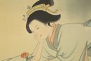 Portrait Watercolor On Silk  'Thinking About Flower Arrangement'
