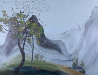 Large Oriental Impressionist Oil 'Mountain Landscape'