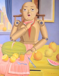 Large Surrealist Original Oil 'Doll Eating Fruits'