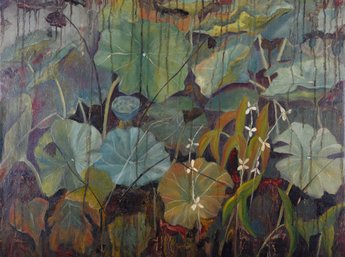 Large Modernist Original Oil 'Lotus Leaves'