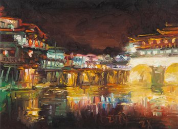 Impressionist Original Oil On Canvas 'City's Night'