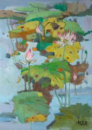 Original Impressionist Oil On Canvas 'Lotus Landscape'