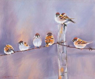 Expressionist Original Oil Painting 'Six Birds'