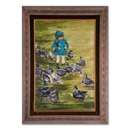 Large Impressionist Original Oil Painting 'Little Girl With Pigeons'