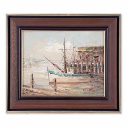 Vintage Impressionist Original Oil 'Moored Ship At Dock'