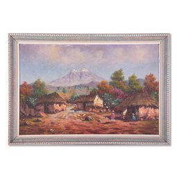 Vintage Impressionist Original Oil 'Village Near Mountain'