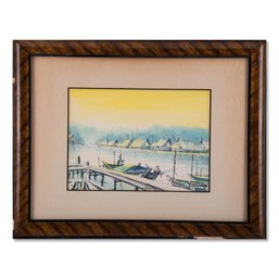 Vintage Modernist Original Watercolor 'Dock At River'