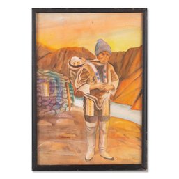 American Western Watercolor On Paper 'Indian Mother'