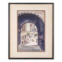 Vintage Expressionist Watercolor 'Alley Scene'