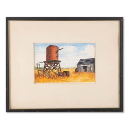 Small Vintage Watercolor On Paper 'Water Tank'