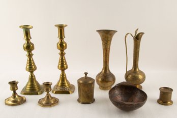 Brass And Copper Miniatures (Vessels, Bowl, And Candle Sticks)