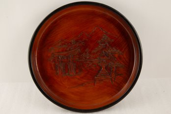 Japanese Hand-Carved Wooden Plate Signed Ykkou
