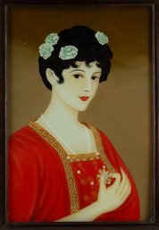 Portrait Watercolor On Glass  'Woman In Red Dress'