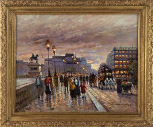 After Edouard Cortes (French, 1882 -1969)Oil On Canvas Cityscape 'Bridge Under The Dusk Light'