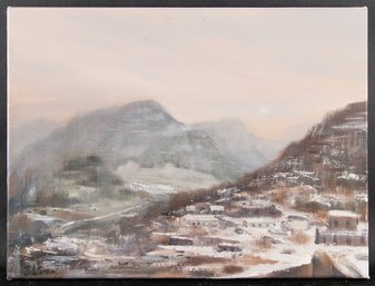 Original Impressionist Oil Painting By Artist Xiao Liu 'Ancient Village After Snowing'