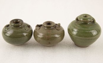 Set Of 3 Small Vintage Olive Green Pots