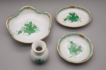 Set Of Four Herend Green Porcelain Set (Mini Bud Vase, Saucer, Cookie Plate, Etc.)