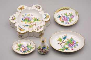 Set Of Five Herend Hungary Porcelains (Ashtray, Mini Bud Vase, Saucer, Cookie Plate, Etc.)