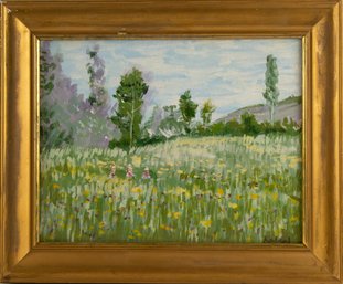 Landscape Oil On Canvas Signed Rachael'Spring Outing In Meadow'