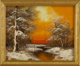 Landscape Oil On Board 'Sunset In Snow Day'