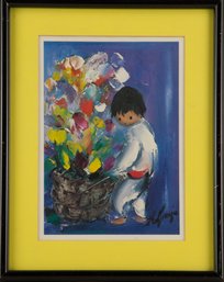 Floral Ink Signed DeGrazia'Boy With Flower Bouquet'