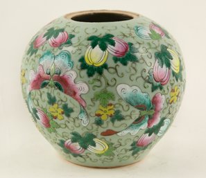 Green Porcelain Vase With Pink And Yellow Flower Pattern